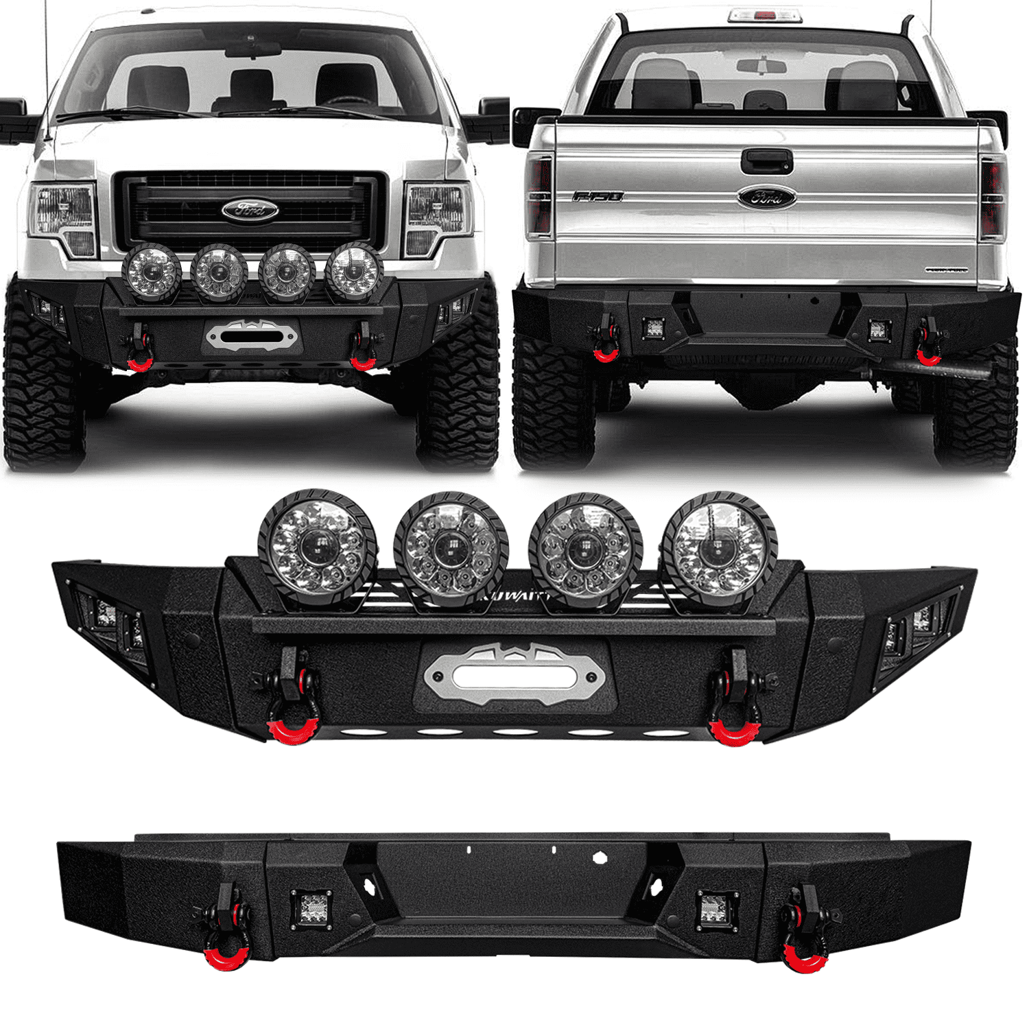 TIOYAR Steel Front and Rear Bumper for 2009-2010-2011-2012-2013-2014 Ford F150 (Not fit Raptor) With Winch Plate&Lights (Black Texture)