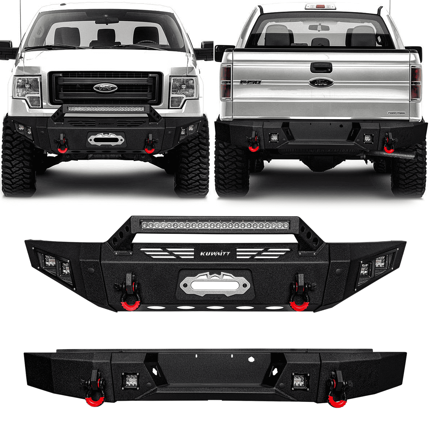 TIOYAR Steel Front and Rear Bumper for 2009-2014 Ford F150 (Not fit Raptor) With Winch Plate&Lights (Black Texture)