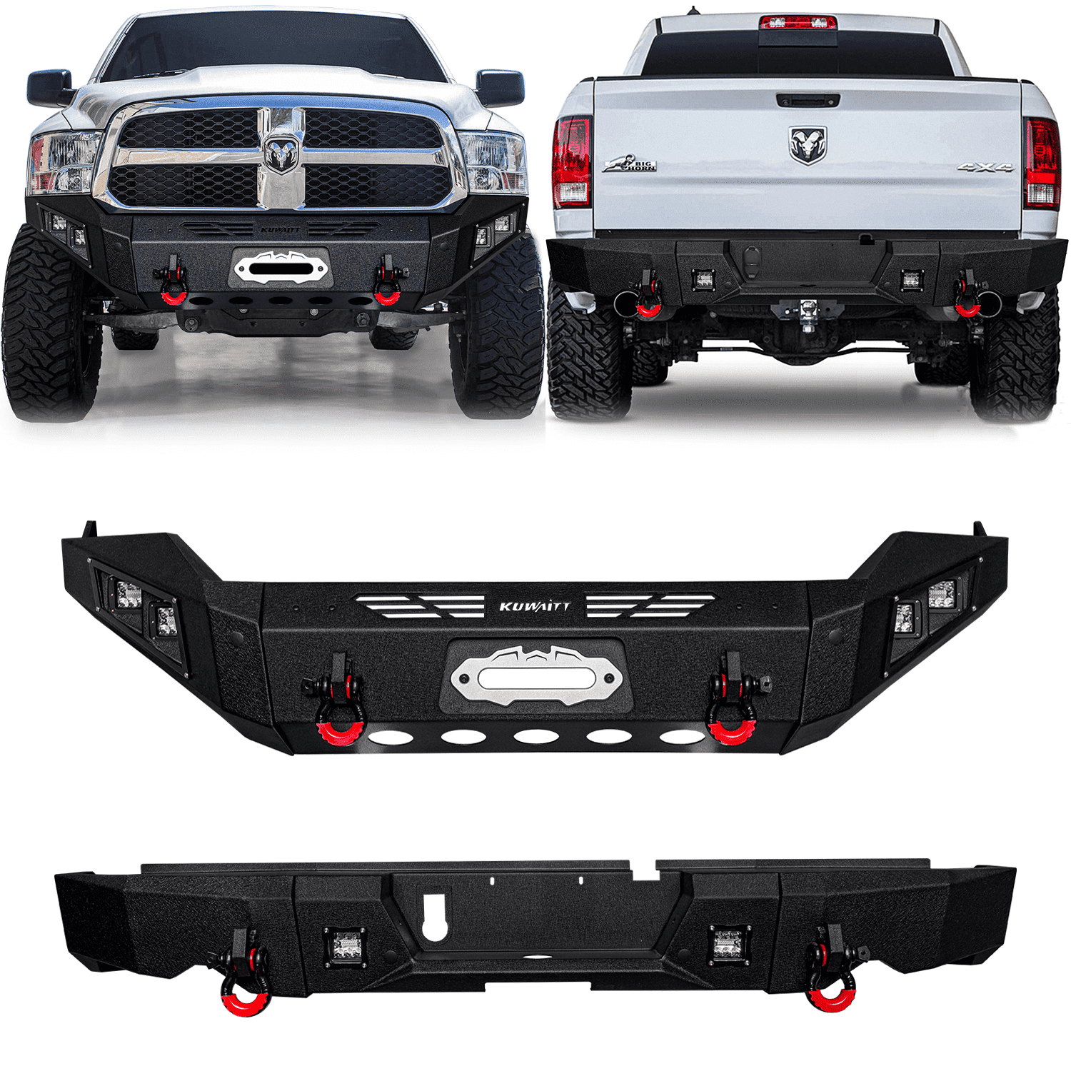 TIOYAR Steel Front Bumper and Rear Bumper For 2013-2018 Dodge Ram 1500 (Not fit Rebel model) With Winch Plate&Lights