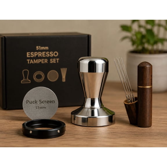 TIPIKOS 51mm Espresso Tamper Set with Puck Screen and WDT Distribution Too