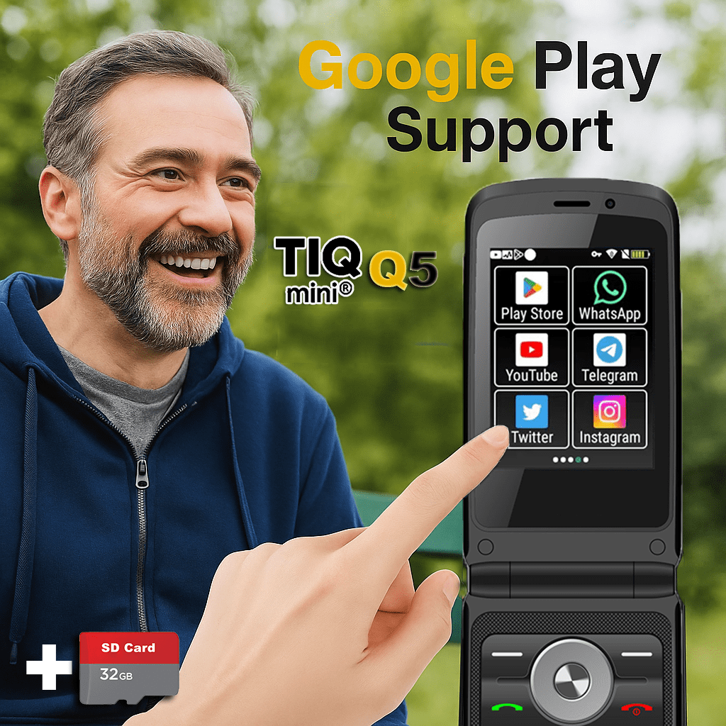 TIQ mini Q5 Support Google Play Store Add SD Card T-Mobile 4G Android 8 MTK 6739 Touch Screen 1450mAh Flip Smart Phone WiFi 2.8 Inch 3GB 32GB Version
