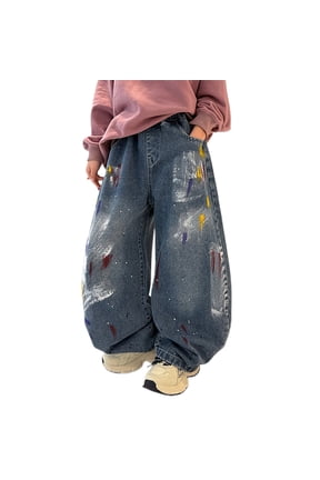 Boys Baggy Denim Pants Wide Leg Denim Trousers Fashionable Elastic Waist Graffiti Painted Splashed Ink Jeans Streetwear