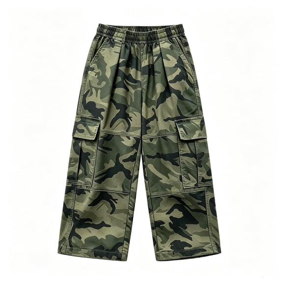 TIREOW Boys Camouflage Cargo Pants Elastic Waist Wide Leg Pants with Multi Pockets Casual Outdoor Trousers for Kids Hiking Wear