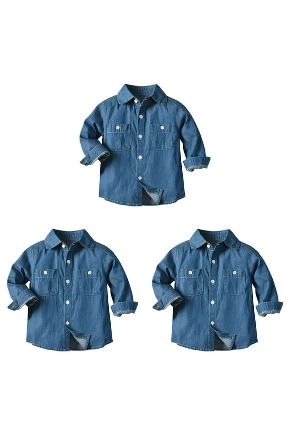 Boys Denim Button Down Shirt Long Sleeve Lightweight Chambray Tops Boys Girls Middle Kids Autumn Thin Casual Denim Lapel Jacket Shirt