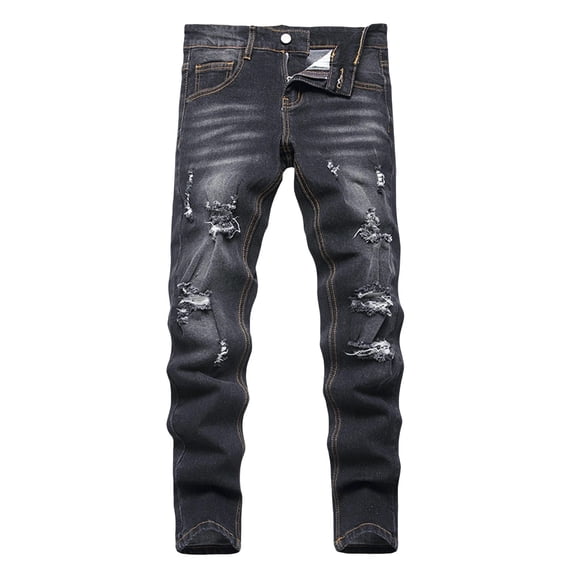 TIREOW Boys Skinny Ripped Denim Pants Elastic Slim Fit Fashionable Destroyed Jeans Zipper Button Down Denim Trousers