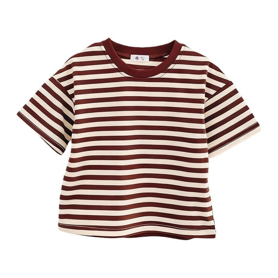 TIREOW Boys Stripe Short Sleeve T-Shirts Crewneck Colour Block Comfortable Casual Kids Summer Tee Tops (Coffee, 7-8 Years)