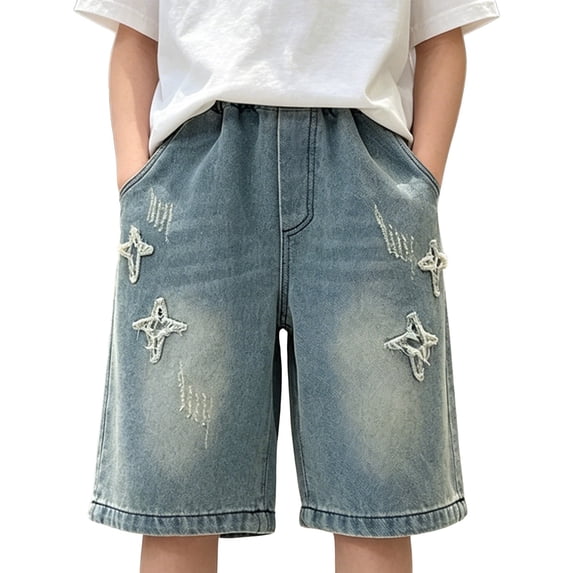 TIREOW Boys Washed Denim Shorts Summer Elastic Waist Baggy Jean Shorts Stylish Loose Fit Star Embroidered Jorts