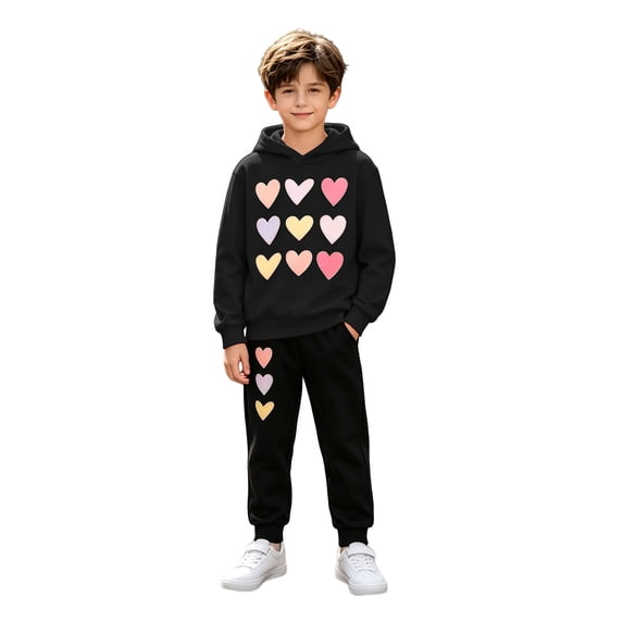 TIREOW Boys and Girls Sweatsuit Set Long Sleeve Hoodie Sweatshirt Jogger Pants with Colorful Heart Print Kids Unisex Streetwear 2 Piece Set