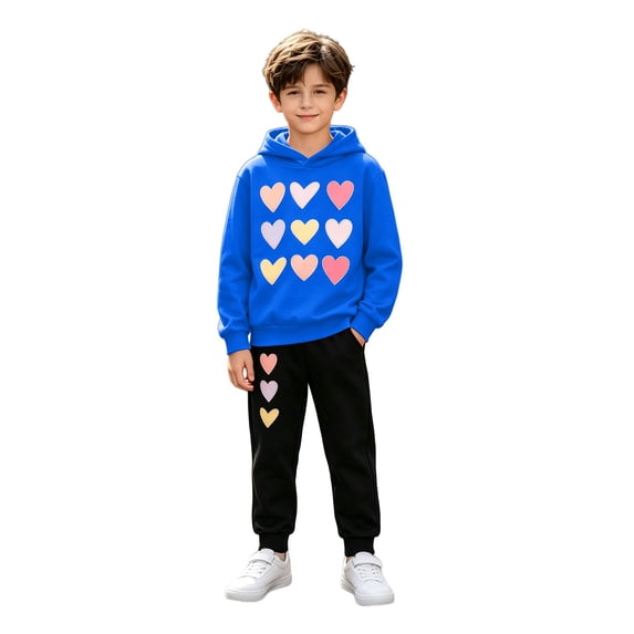 TIREOW Boys and Girls Sweatsuit Set Long Sleeve Hoodie Sweatshirt Jogger Pants with Colorful Heart Print Kids Unisex Streetwear 2 Piece Set