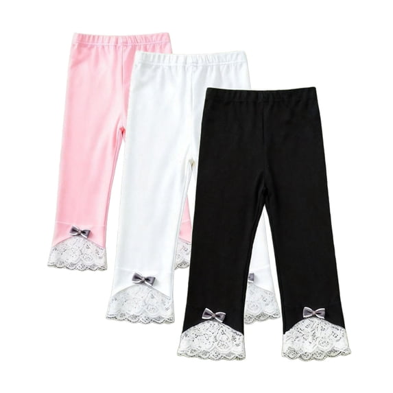TIREOW Girls 3 Pack Flared Leggings Elastic Waist Leggings with Bowknot Lace Trim Ankle Length Soft Comfortable Footless Skinny Pants