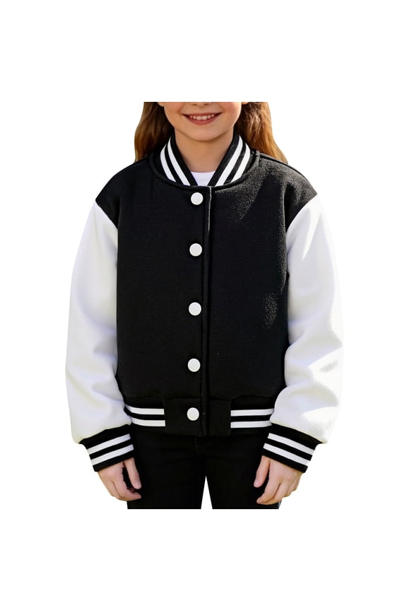 Girls Baseball Jacket Color Blocking Snap Button Long Sleeve Coat Spring Autumn Comfortable Preppy Outwear