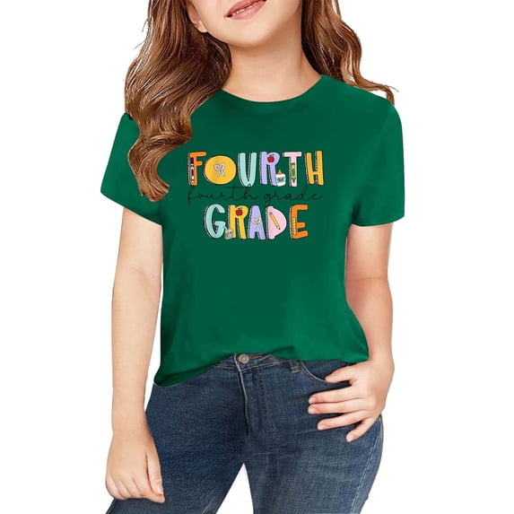 TIREOW Girls and Boys Back to School T Shirts Round Neck Short Sleeve T Shirt Top Summer Fourth Grade Letter Print T Shirt Daily Tops(Green,4-5 Years)