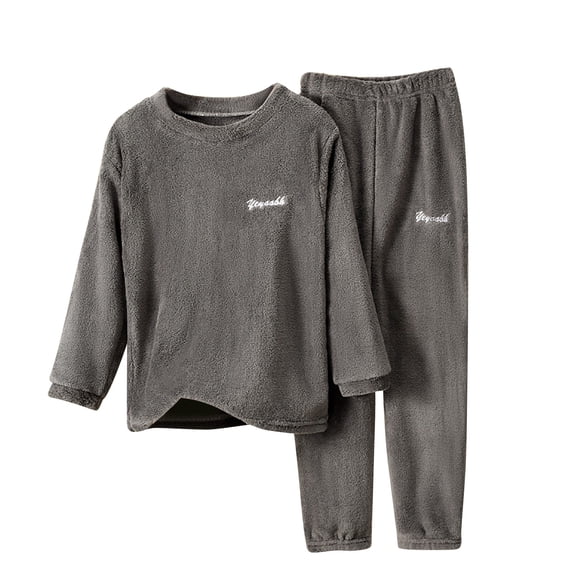 TIREOW Girls Boys Fleece Loungewear Set Solid Color Crewneck Long Sleeve Sleep Top and Long Pants Autumn Winter Nightwear 2 Piece Set