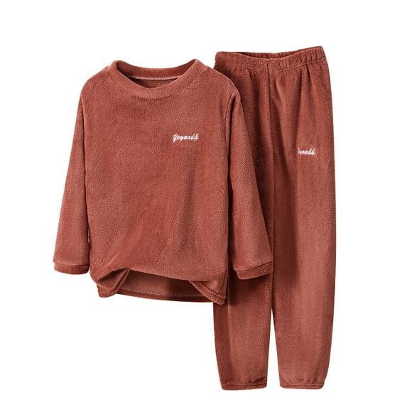 TIREOW Girls Boys Fleece Loungewear Set Solid Color Crewneck Long Sleeve Sleep Top and Long Pants Autumn Winter Nightwear 2 Piece Set
