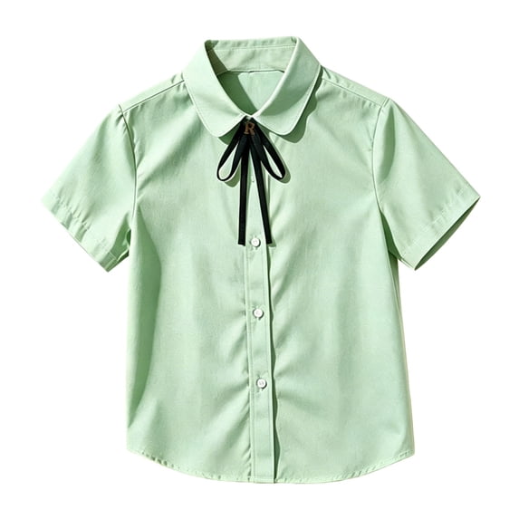 TIREOW Girls Button Down Shirts Kids Summer Short Sleeve Dress Shirts Comfortable Versatile School Uniform Blouse(Green,3-4 Years)