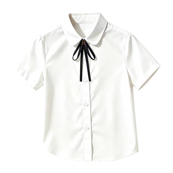 TIREOW Girls Button Down Shirts Kids Summer Short Sleeve Dress Shirts Comfortable Versatile School Uniform Blouse(White,5-6 Years)