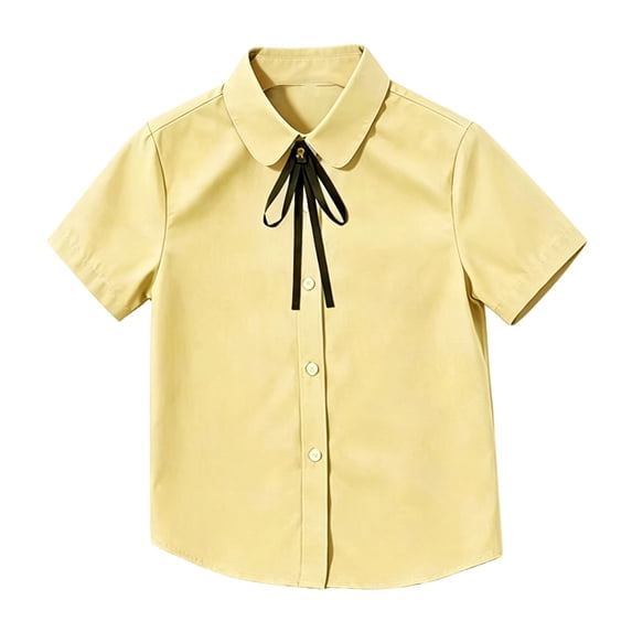 TIREOW Girls Button Down Shirts Kids Summer Short Sleeve Dress Shirts Comfortable Versatile School Uniform Blouse(Yellow,10-11 Years)