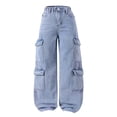 thumbnail image 1 of TIREOW Girls Cargo Denim Pants Straight Wide Leg Elastic Waist Cargo Denim Trousers Casual Fashionable Loose Streetwear Jean with Multi-Pockets, 1 of 7