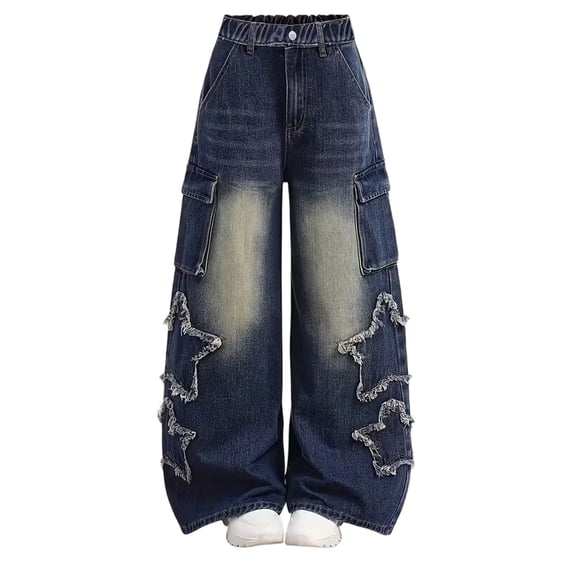 TIREOW Girls Cargo Denim Pants Trendy Star Patch Elastic High Waist Denim Cargo Trousers Straight Wide Leg Multi Pockets Cargo Jeans