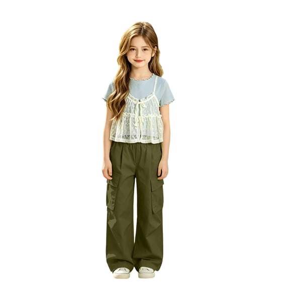 TIREOW Girls Cargo Pants Elastic Waist Wide Leg Baggy Multi-Pocket Parachute Pants Lightweight Casual Cargo Sweatpants