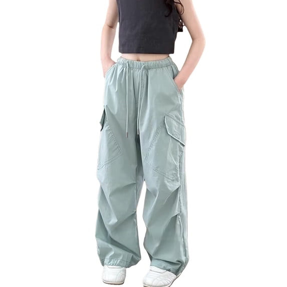 TIREOW Girls Cargo Pants Elastic Waist Wide Leg Drawstring Cargo Sweatpants Baggy Casual Cargo Jogger Trousers with Multi-Pockets