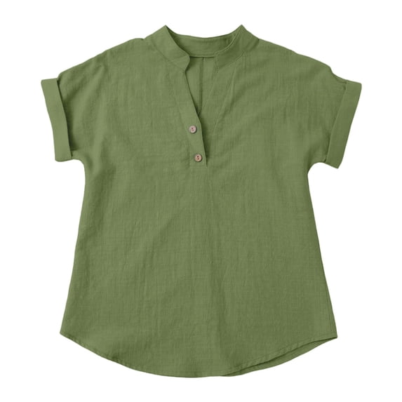 TIREOW Girls Cotton Linen Button Down Shirt, Short Sleeve V-Neck Casual Summer Blouse for Teens