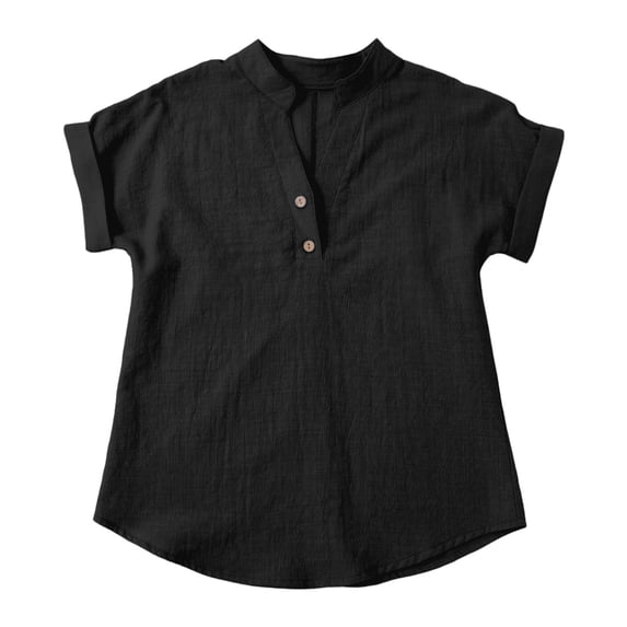 TIREOW Girls Cotton Linen Button Down Shirt, Short Sleeve V-Neck Casual Summer Blouse for Teens