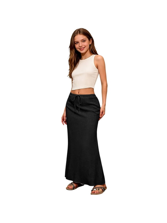 Girls Cotton Linen Flared Maxi Skirt Back Slit Elastic Waist Drawstring Summer Ankle-Length Vacation Boho Long Skirt