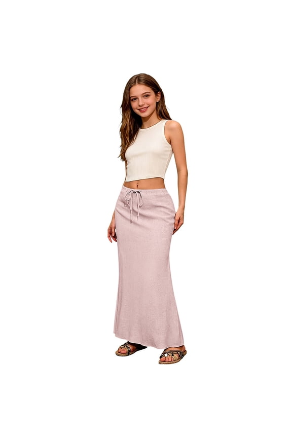 Girls Cotton Linen Flared Maxi Skirt Back Slit Elastic Waist Drawstring Summer Ankle-Length Vacation Boho Long Skirt