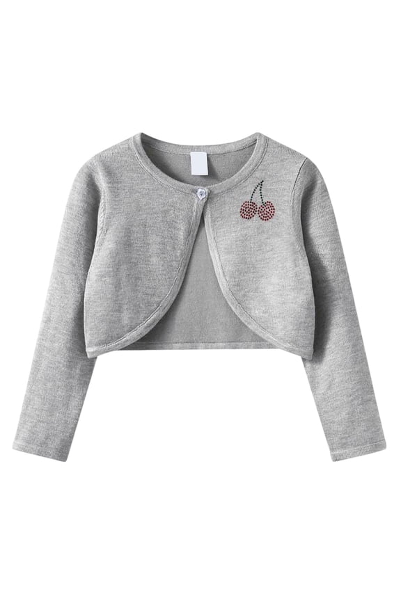 Girls Cropped Knit Cardigan Solid Color Round Neck Long Sleeve Cover Up Tops Cherry Rhinestone Casual Lightweight Sweater
