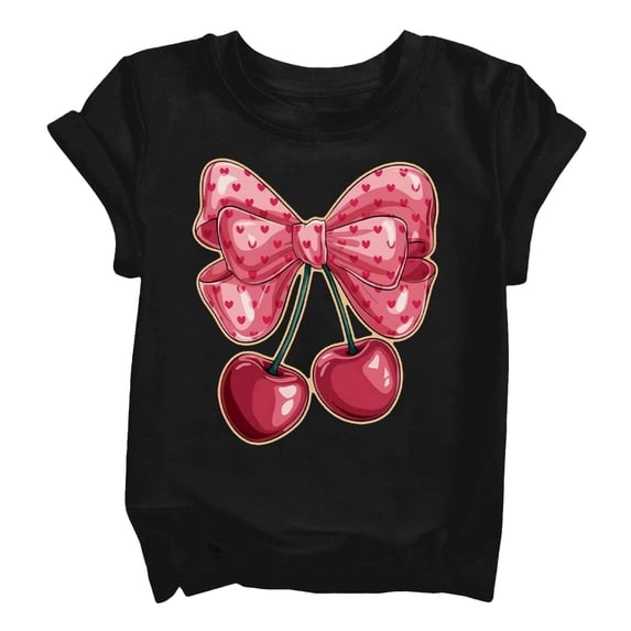 TIREOW Girls Daily Casual T Shirts Round Neck Short Sleeve T Shirt Top Summer Trendy Tops with Bow Cherry Print(Black,10-11 Years)