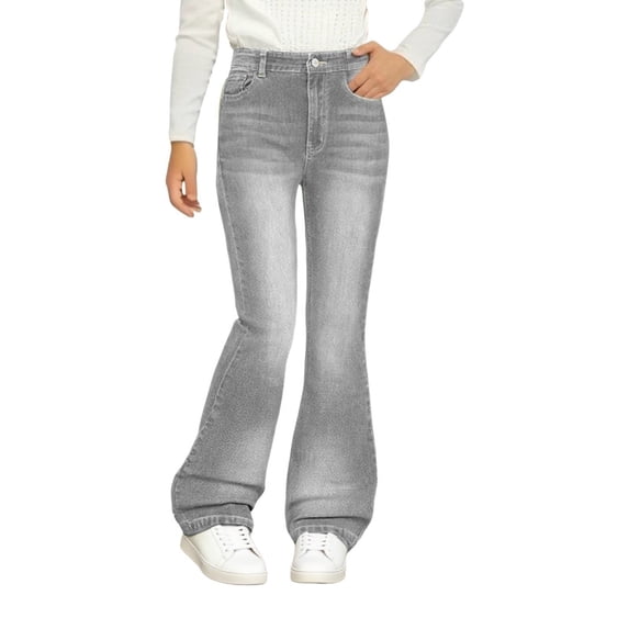 TIREOW Girls Daily Denim Bell Bottom Pants Slim Fit Solid Color Casual Flared Jeans Pants Elastic Waist Flared Trousers(Light Ashy,13-14 Years)