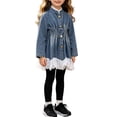 thumbnail image 1 of TIREOW Girls Denim Shacket Jacket Lace Hem Ruched Waist Button Front Long Sleeve Casual Denim Outerwear Coat, 1 of 9