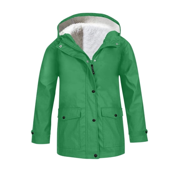 TIREOW Girls Fleece Lined Hooded Rain Jacket Solid Color Rainproof Windproof Windbreaker Coat Winter Warm Full Zip Button Down Raincoats