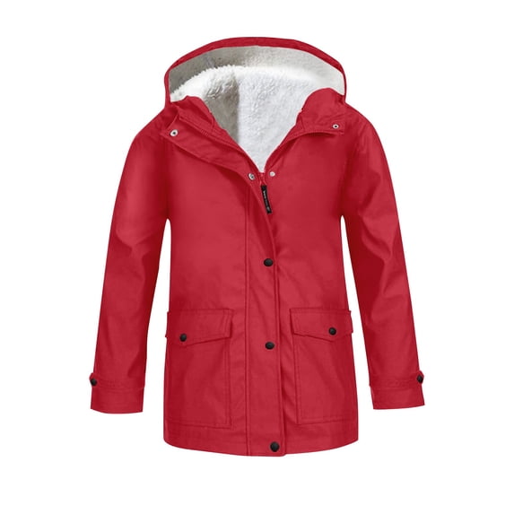 TIREOW Girls Fleece Lined Hooded Rain Jacket Solid Color Rainproof Windproof Windbreaker Coat Winter Warm Full Zip Button Down Raincoats