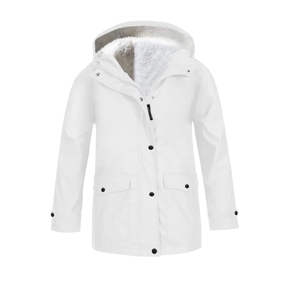 TIREOW Girls Fleece Lined Hooded Rain Jacket Solid Color Rainproof Windproof Windbreaker Coat Winter Warm Full Zip Button Down Raincoats