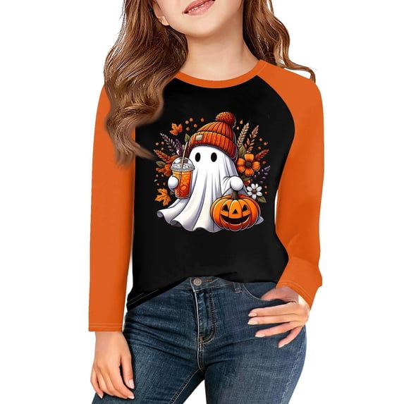 TIREOW Girls Halloween Long Sleeved T Shirt Color Blocked Crewneck Pullover Tops Cute Goblin Pumpkin Print Loose Casual Sporty Base Layer Tee