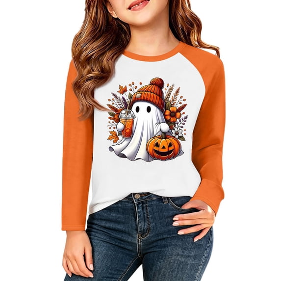 TIREOW Girls Halloween Long Sleeved T Shirt Color Blocked Crewneck Pullover Tops Cute Goblin Pumpkin Print Loose Casual Sporty Base Layer Tee