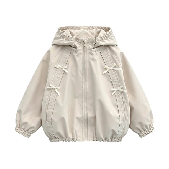 TIREOW Girls Hooded Windbreaker Jacket Solid Color Zip‑Up Windproof Outerwear with Bow Decor Spring Autumn Lightweight Outdoor Windbreaker Coat
