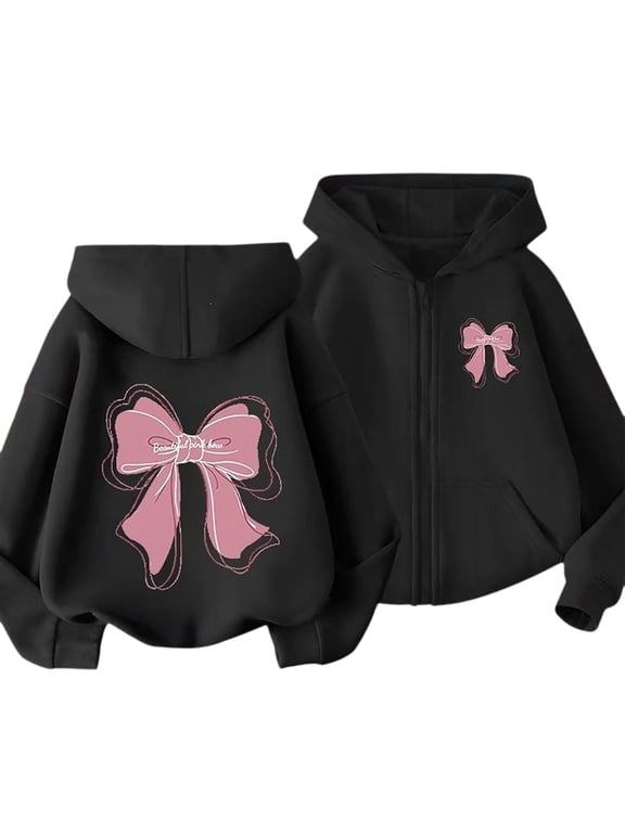 Girls Hoodie Jacket Zip Up Long Sleeve Hooded Sweatshirt Coat with Bow Print Lightweight Breathable Casual Loose Soft Cozy Outerwear