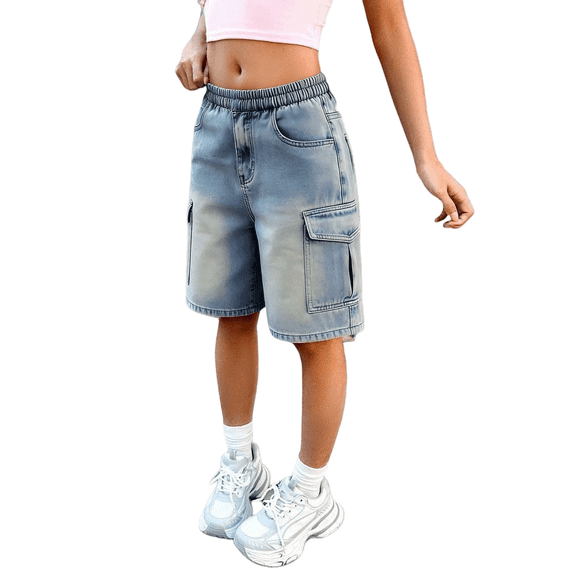 TIREOW Girls Knee Length Cargo Denim Shorts Skirts Fashionable Solid Color Elastic Waist Cargo Jeans Skorts Summer Trendy Cargo Denim Skorts