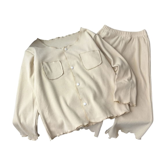TIREOW Girls Knit Loungewear Set Ruffled Trim Long Sleeve Button Down Top and Matching Pants Lightweight Sleepwear 2 Piece Set