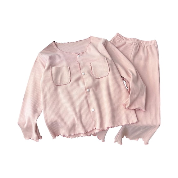 TIREOW Girls Knit Loungewear Set Ruffled Trim Long Sleeve Button Down Top and Matching Pants Lightweight Sleepwear 2 Piece Set