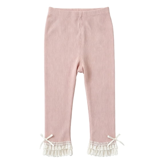 TIREOW Girls Knitted Leggings Solid Color Elastic Waist Basic Leggings with Bowknot Lace Trim Spring Fall Soft Footless Skinny Pants