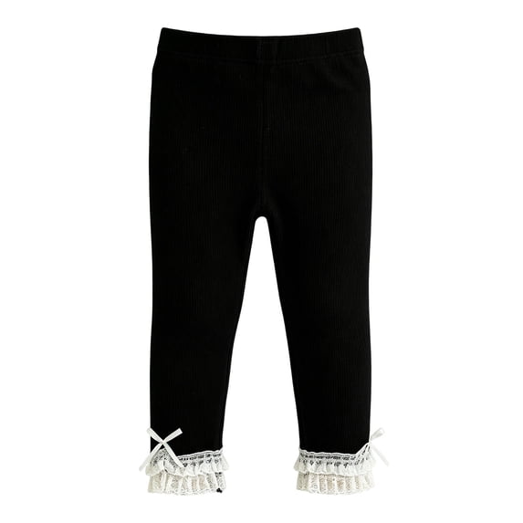 TIREOW Girls Knitted Leggings Solid Color Elastic Waist Basic Leggings with Bowknot Lace Trim Spring Fall Soft Footless Skinny Pants