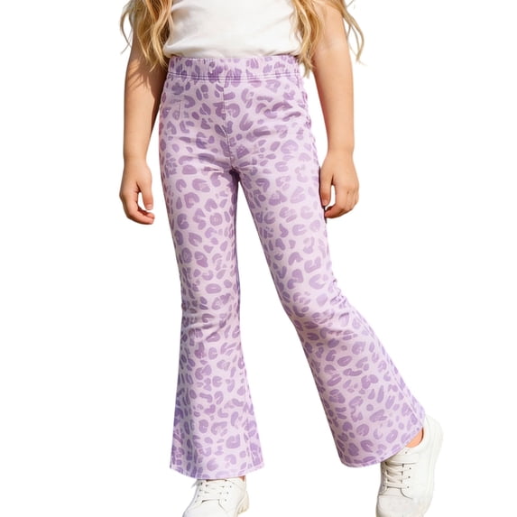 TIREOW Girls Leopard Print Flare Pants Elastic Waist Stretchy Trousers Fashion Casual Flared Leg Pants for Daily Wear
