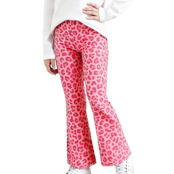 TIREOW Girls Leopard Print Flare Pants Elastic Waist Stretchy Trousers Fashion Casual Flared Leg Pants for Daily Wear