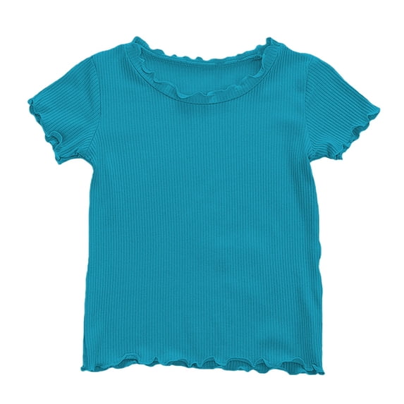 TIREOW Girls Lettuce Trim Short Sleeve Shirts Summer Ribbed Knit Crewneck Casual T Shirt Tops Tee Blouse (Blue, 12-18 Months)