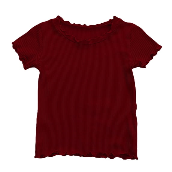 TIREOW Girls Lettuce Trim Short Sleeve Shirts Summer Ribbed Knit Crewneck Casual T Shirt Tops Tee Blouse (Wine, 12-18 Months)