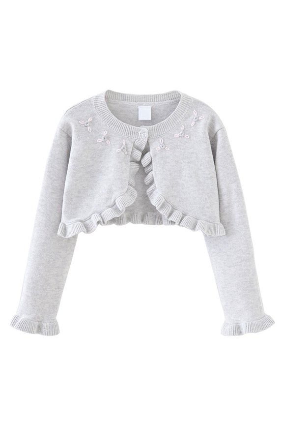 Girls Lightweight Cropped Knit Cardigan Round Neck Ruffled Long Sleeve Cardigans Spring Summer Autumn Casual Sweater Jacket